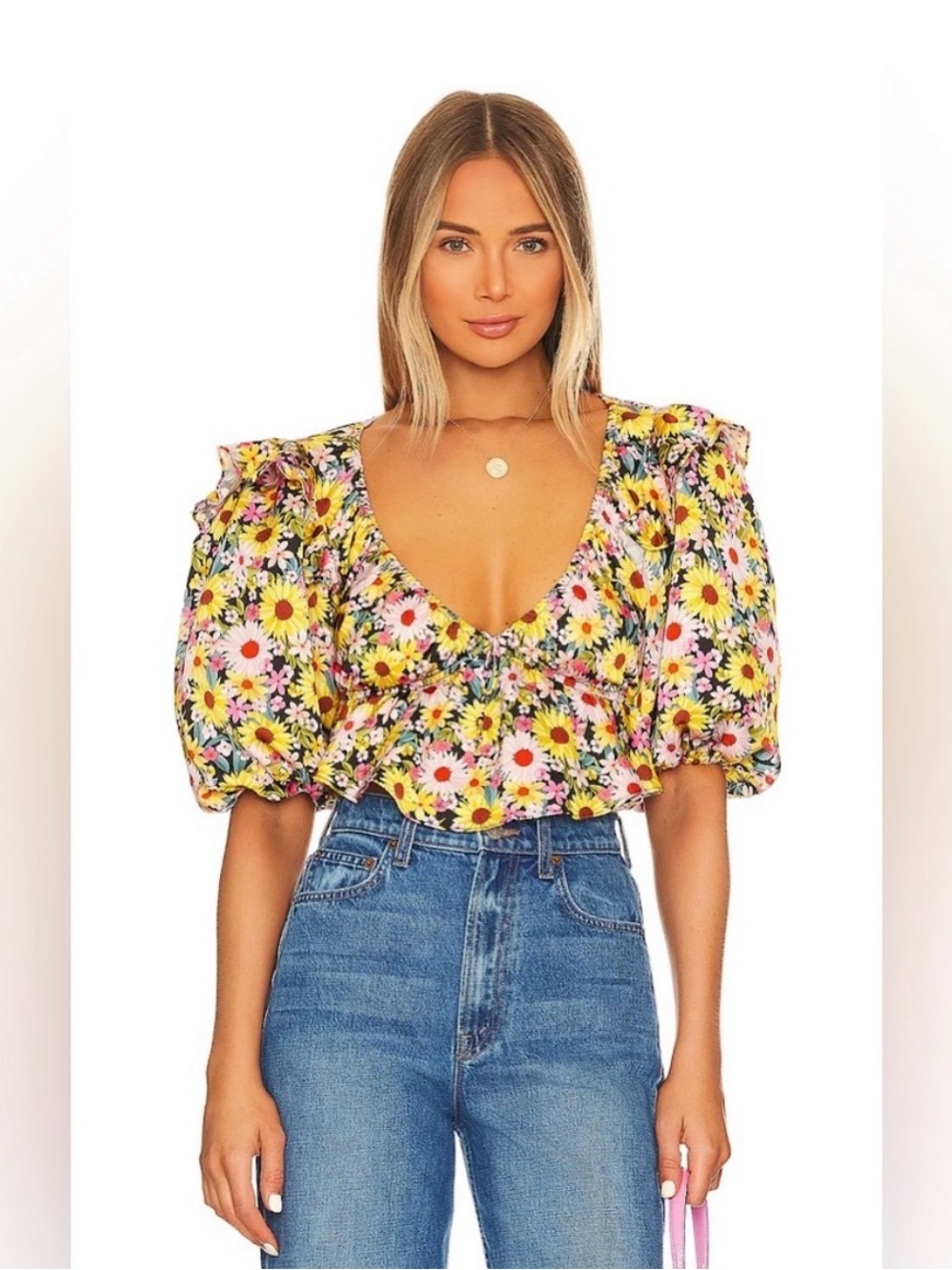 For Love & Lemons Yellow Floral Puff-Sleeve Crop Top